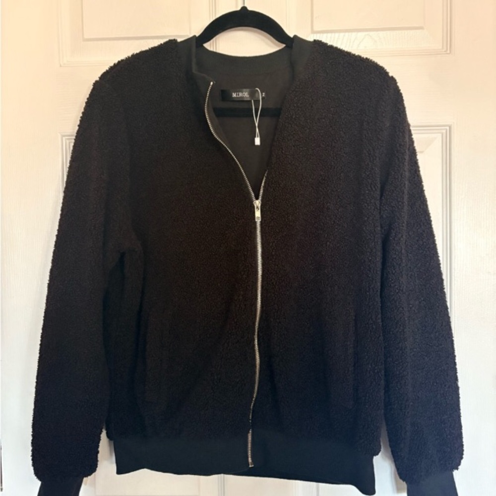 MIROL Women's Sherpa Fleece Full Zip Fuzzy Black Bomber Style Jacket, Size M